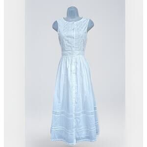 Mable Lace Eyelet Button Midi Dress Women's Small White Boho Sleeveless Romantic